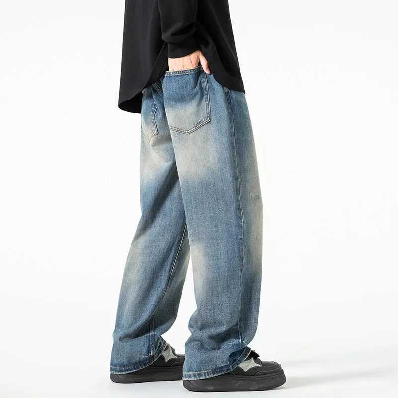 New Washed Jeans Street Trousers Male Denim Pants Solid Color Wide Leg Pant Button Casual Streetwear Hip Hop Heavy Metal Style X250227