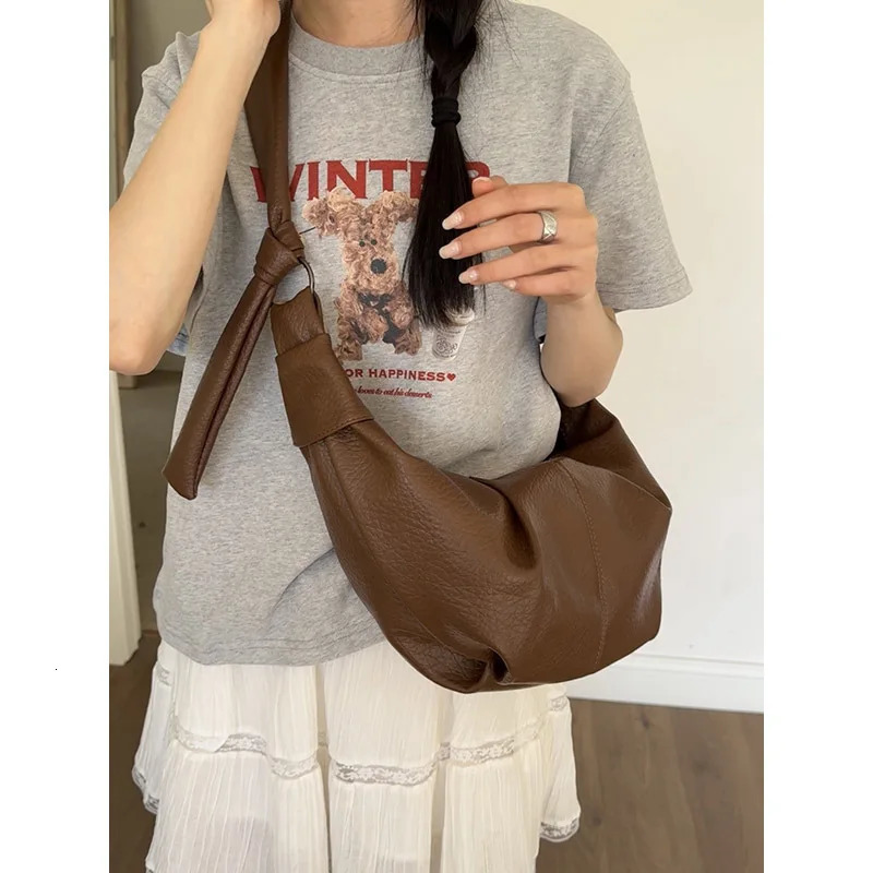Ship from US Retro Large Capacity Soft Leather Shoulder Bag Womens Casual Versatile Pleated Dumpling Lazy Style Handbag 250227FBB