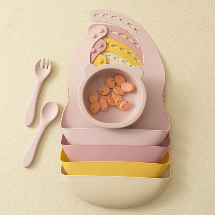 Mamaplan Baby Silicone Feeding Dishes Plate Sucker Bowl Waterproof Bib Solid Color Spoon Fork Childrens Tableware Baby Stuff 250227