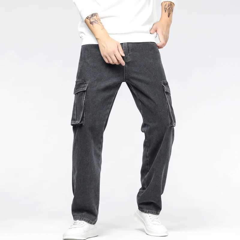 Stir Fried black grey pocket work clothes jeans mens four season loose straight tube non elastic wear-resistant jeans X250227