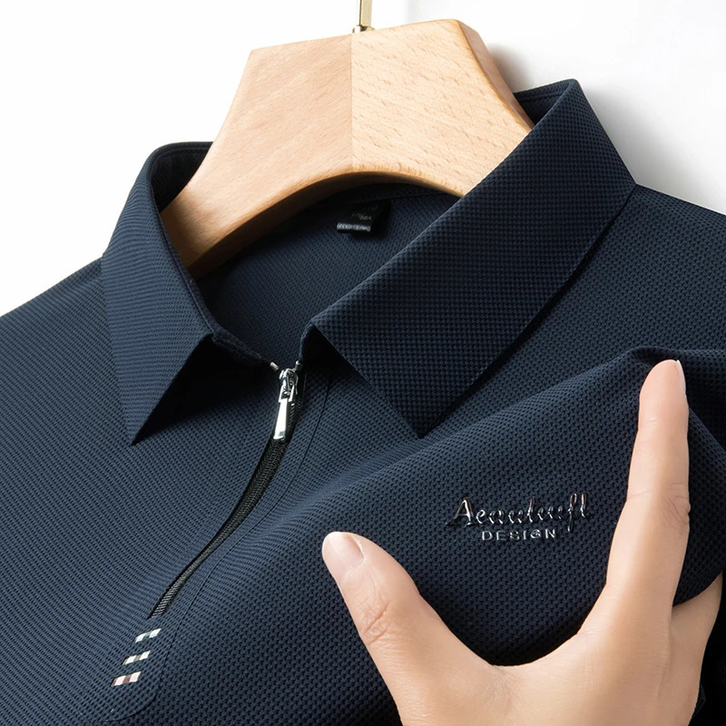 High End Summer Embroidered Ice Silk Zippered polo shirt Trend Casual Seamless Breathable Lapel Mens Clothing 250225