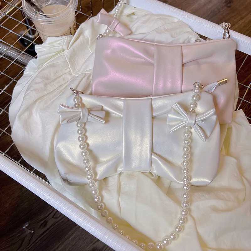 Girl Pearl Bow Handbags Underarm Bag for Woman Summer New Small Fresh Fairy Bag e-shoulder Hand-held Messenger BagXJ250227