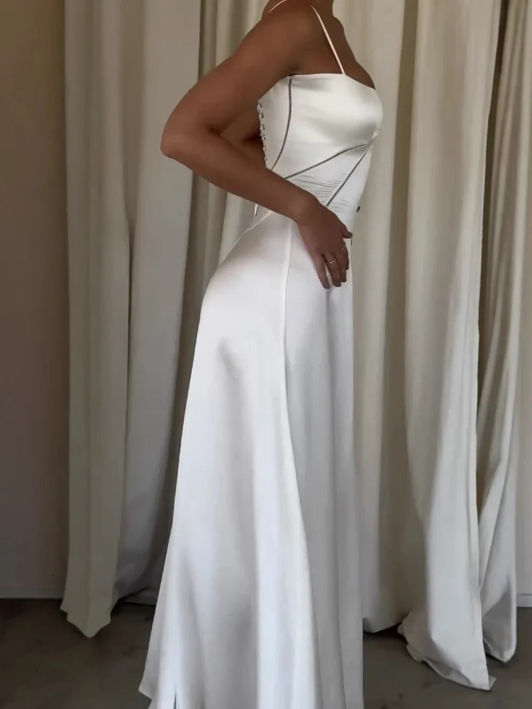 Elegant White Satin Drawstring Tie Backless Long Dress Women High Waist Square Neck Slim Sling Dresses 2025 Sexy Beach Robes 250226