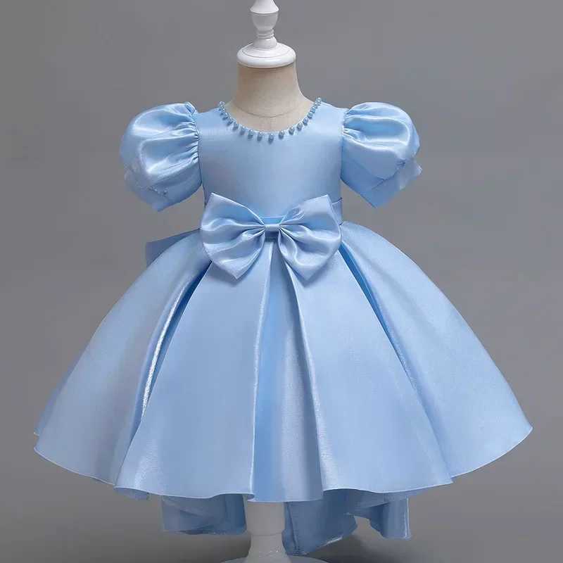 Girl's Dresses Fashion Solid Color Girl Evening Gown Short Sleeve Bow Kids Dresses for Girls Summer Girls Party Dress 1-10 Years Y2502271HRY