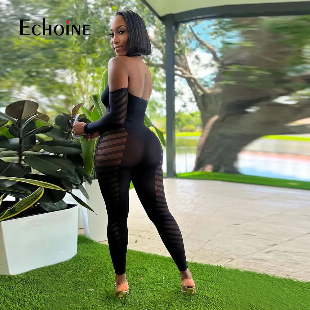 Echoine Womens Sexy Halter neck Hollow backless long sleeve Bodycon Jumpsuit Fashion Party Club Playsuits Pants Rompers 250227