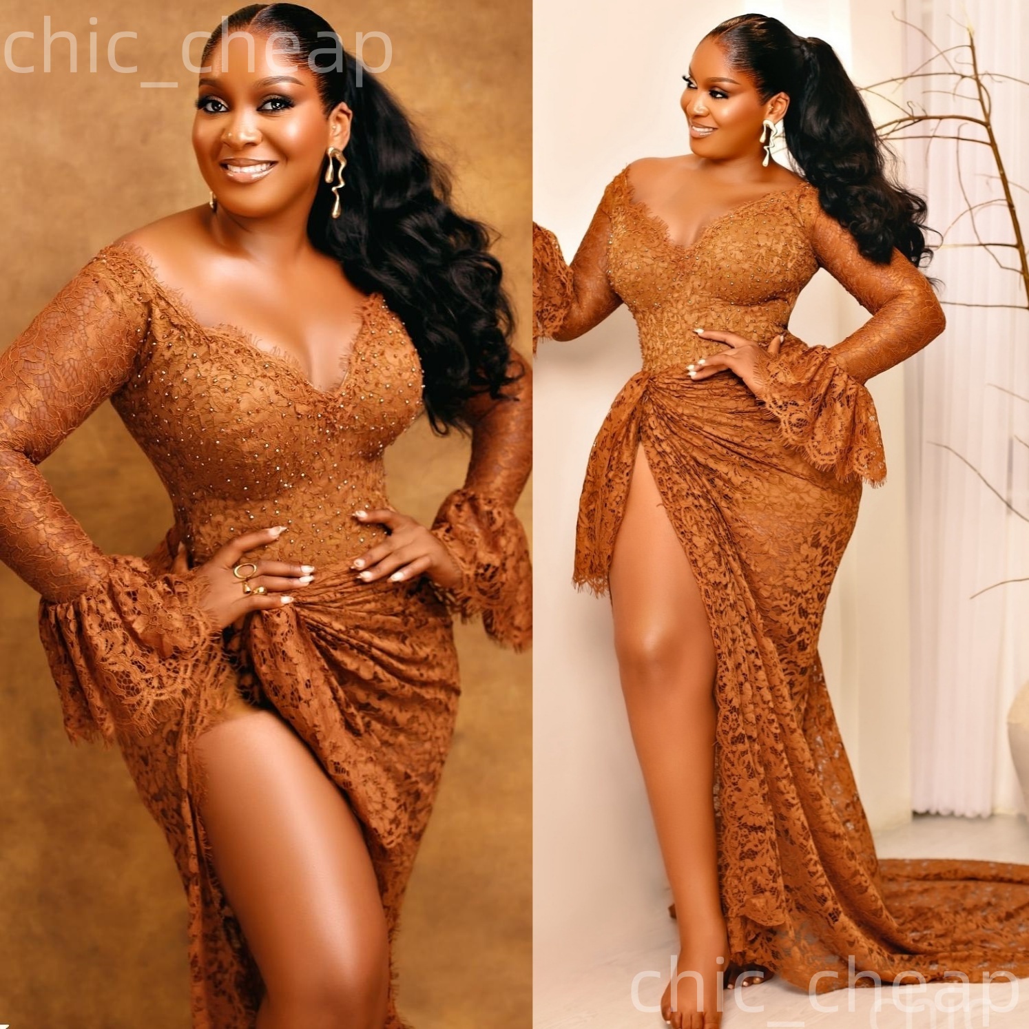 Gold Mermaid Prom Dresses 2025 Lace Deep V-neck High Split Evening Formal Party Second Birthday Engagement Gowns Plus Size Dress For Special Occasions