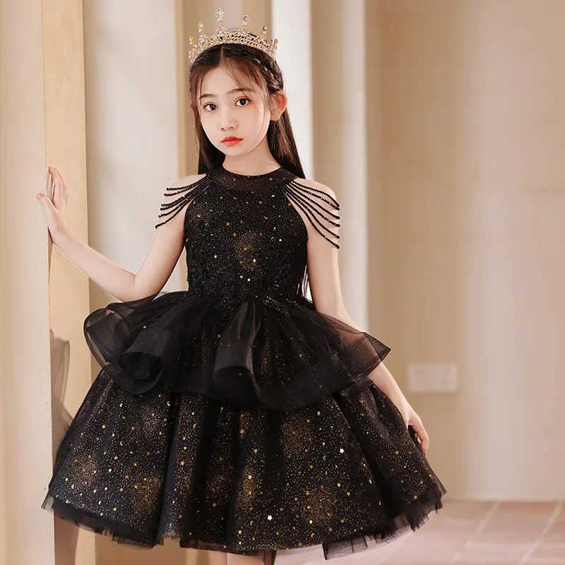 Girl's Dresses 3 Styles Girls Princess Dress 3-8T Light Luxury Halter Beading Off Shoulder Tassels Prom Gown Golden Sequins Flower Girl Dress Y25
