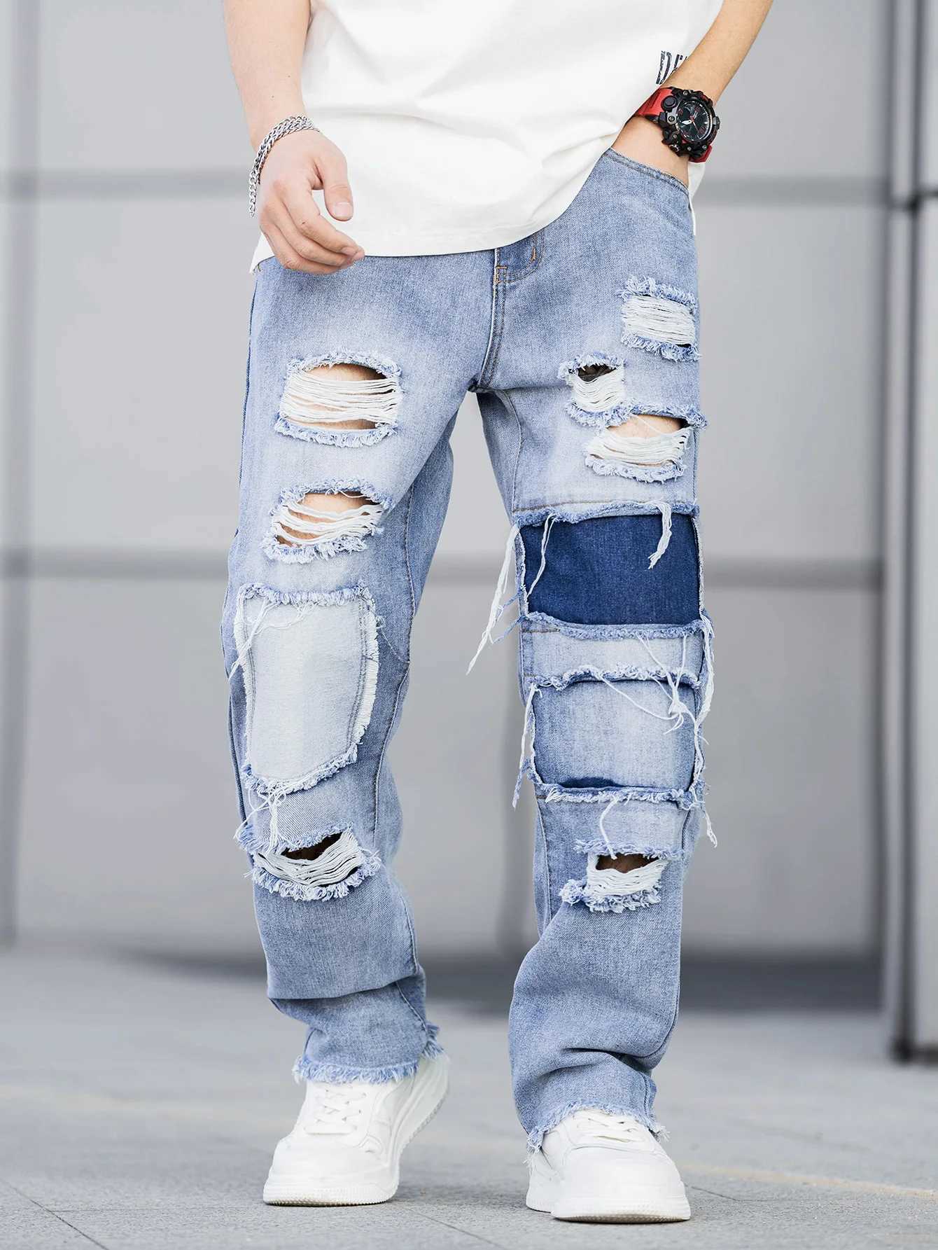 Mens patched up torn jeans mens loose-fitting trendy jeans blue slacks stretch jeans mens 2024 fashion new trend jeans X250227