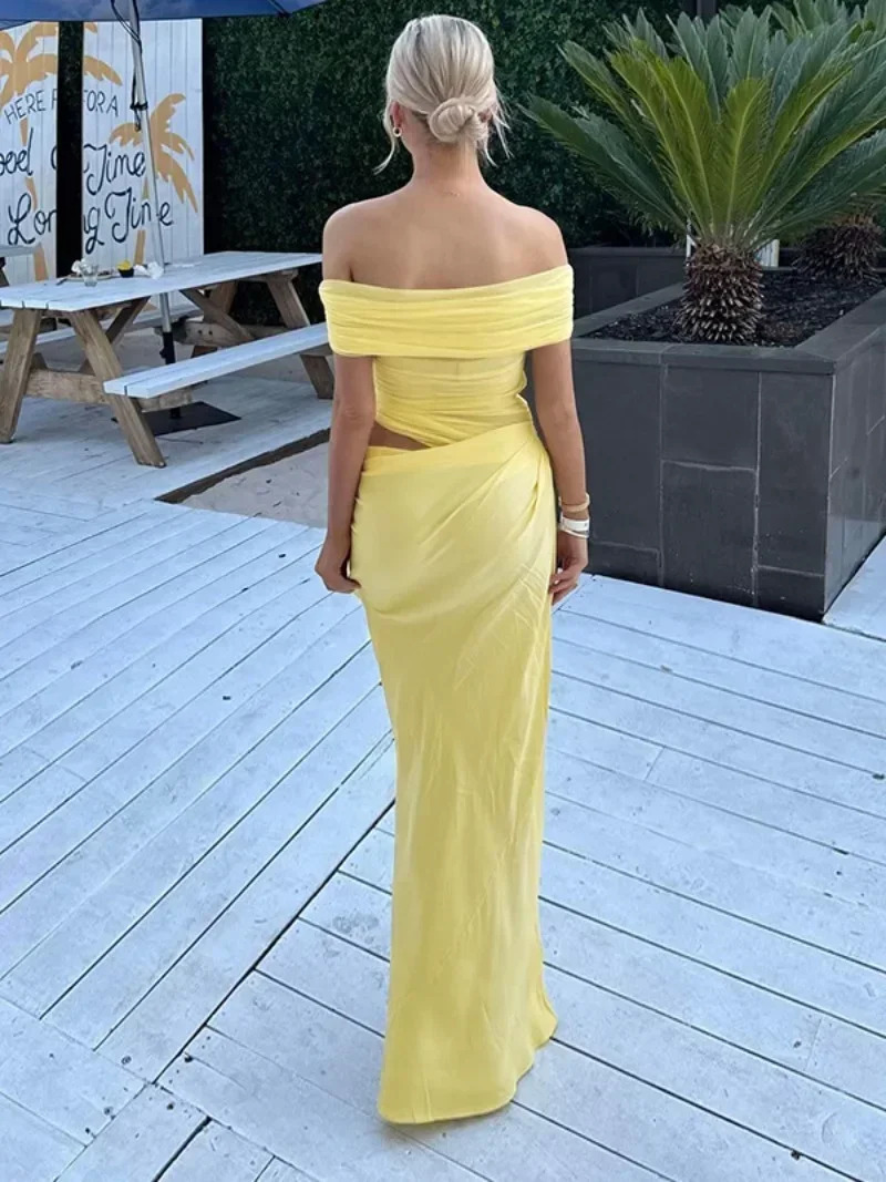 Elegant Yellow Holiday Beach Dresses for Women Sexy Slash Neck Mesh Patchwork Evening Dress Folds Hollow Out Long Party Gowns 250226