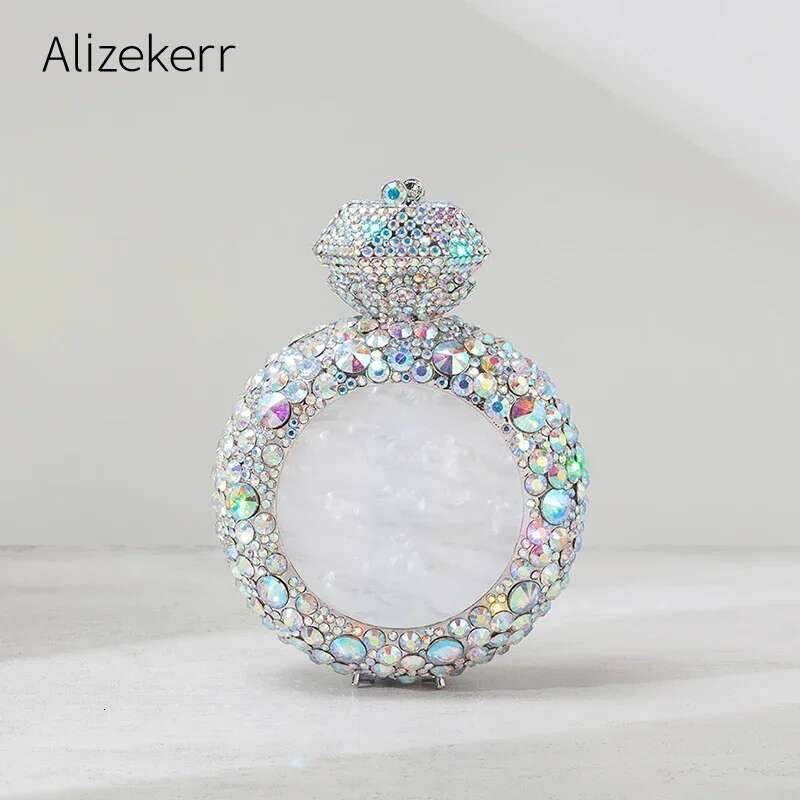 Alizekerr Perfume Bottle Shaped Crystal Evening Bags Women Gorgeous Classy Rhie Round Metal Clutch Purses Wedding Party