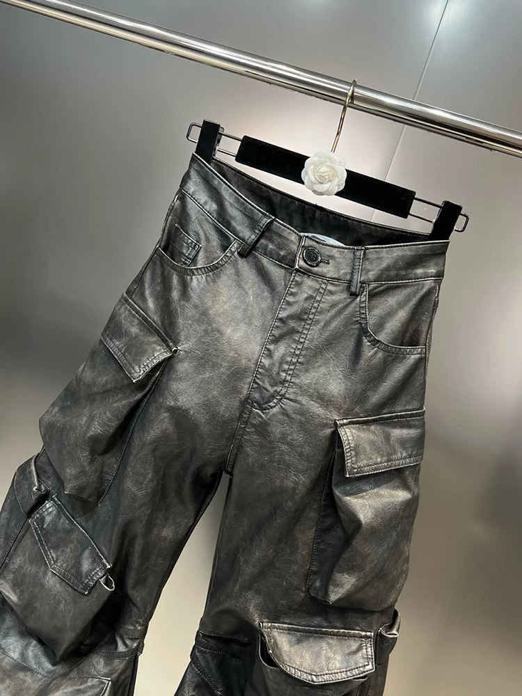 DEAT Multi Pocket n Retro PU Womens Leather Pants High Waist Single Button Freight Transport Vehicle Fall 11X5286 250227
