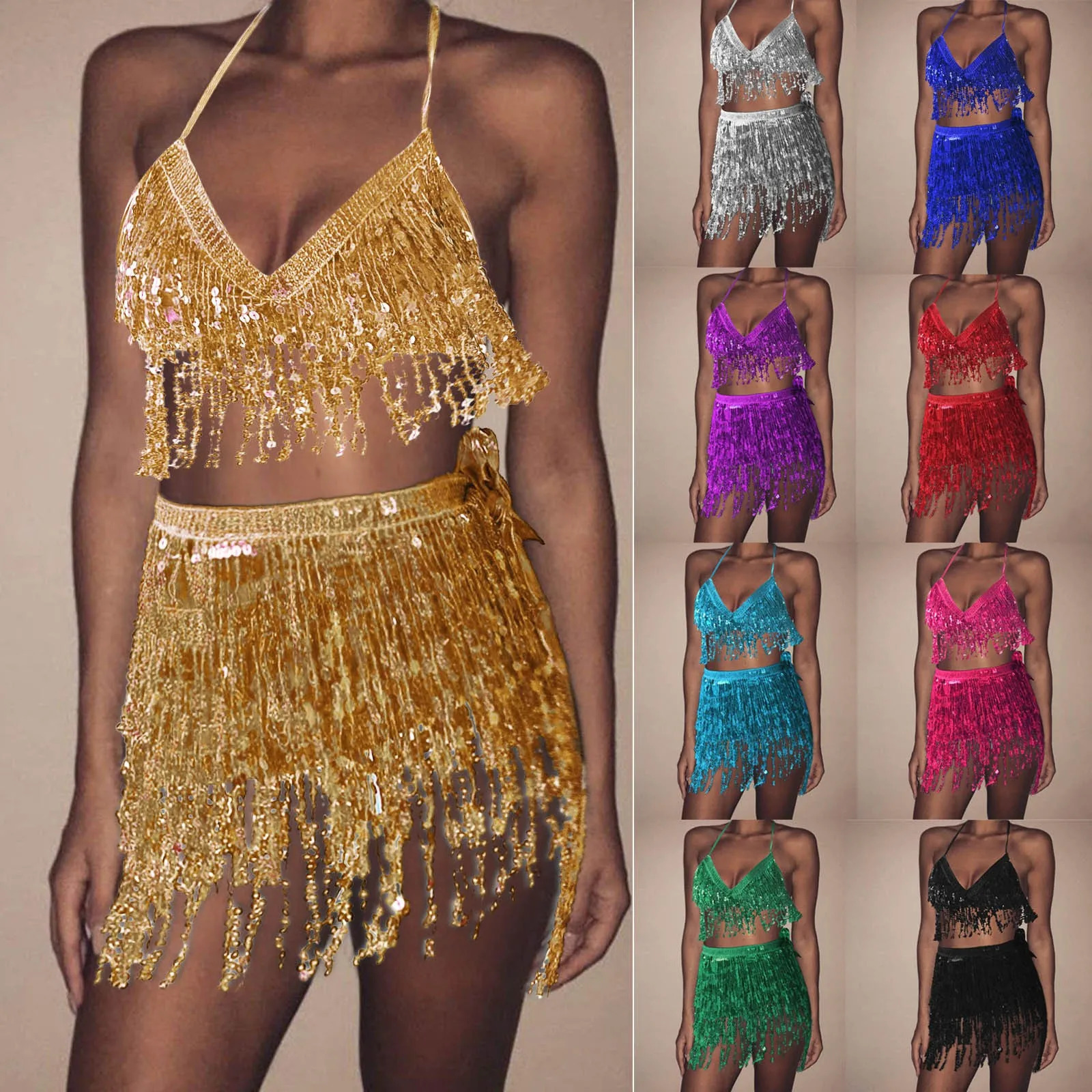 WomenS Sequin Belly Dance Suspender Top VestHalf Skirt Set Tassel Wrap Mini Skirt Set Nightclub Outfits Club Party 250227
