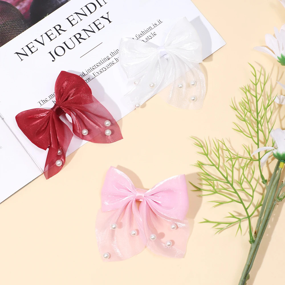 30pc/lot Chiffon Hair Bow Hair clips Baby Girls Kid Pearl Bow Barrettes School Girl Fable Bow Hairpins Hair Accessories Bulk 250227