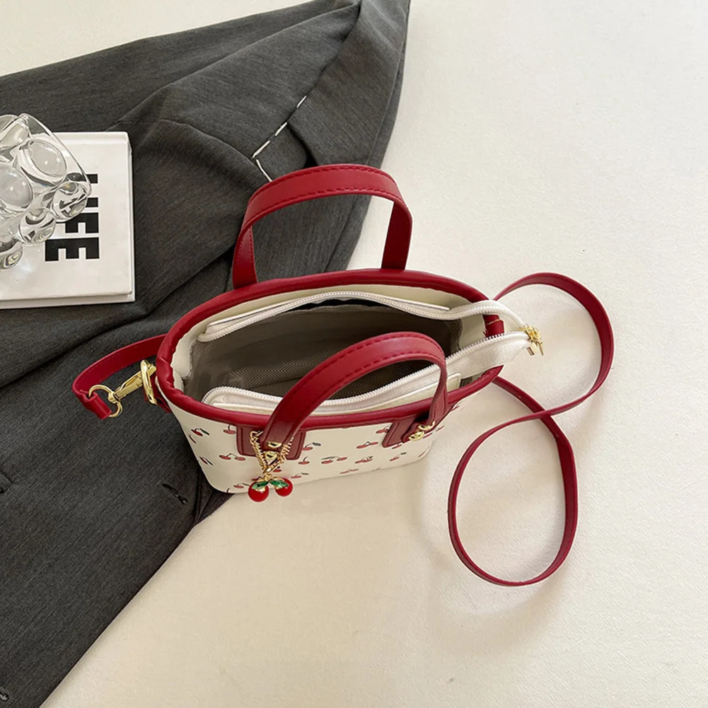 Ship from US Women PU Cherry Shoulder Bag Large Capacity Trendy Commuting with Pendant Stylish Crossbody Casual Satchel 250227FBB