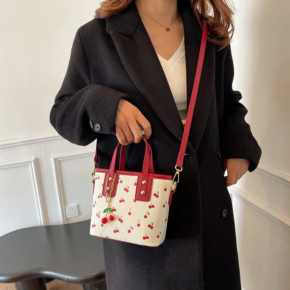 Ship from US Women PU Cherry Shoulder Bag Large Capacity Trendy Commuting with Pendant Stylish Crossbody Casual Satchel 250227FBB