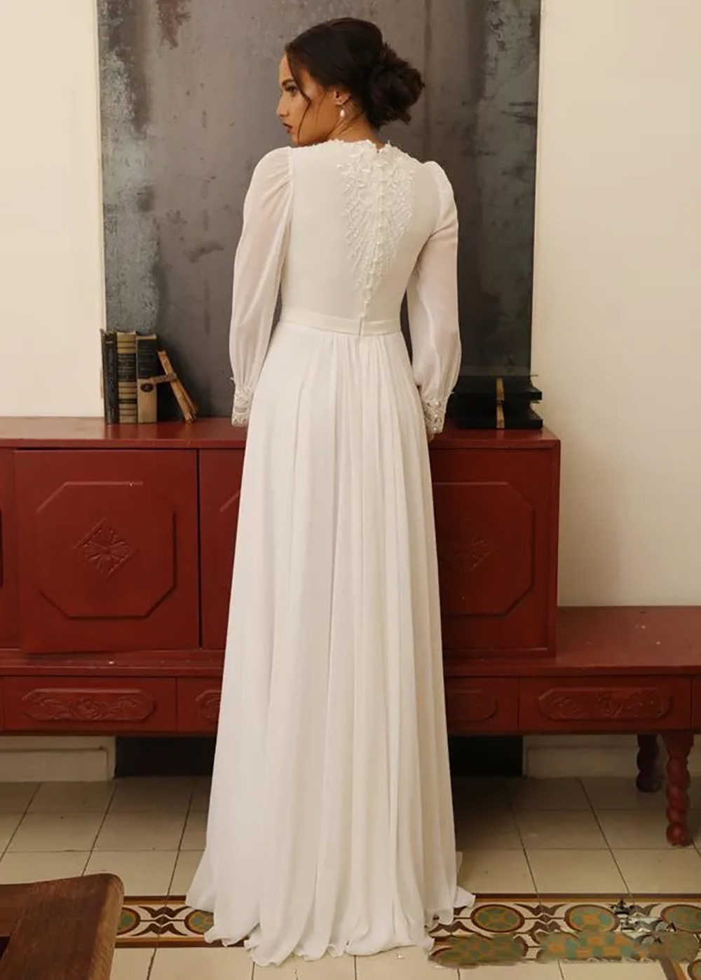 A-Line Wedding Dresses Puffy Long Sleeves High Neck Appliques Lace Floor Length Bridal Gowns Formal Dress Custom Made