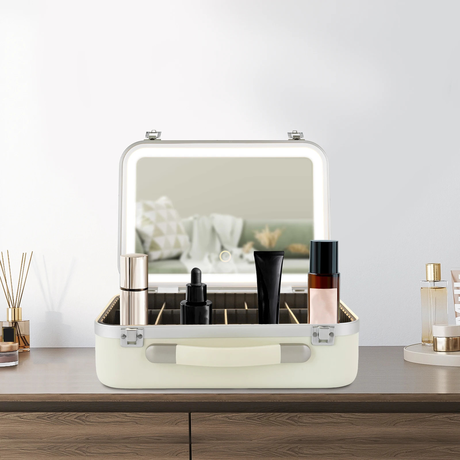 Ship from US White Makeup Organizer Box with Upgraded Halogen Light and Mirror Premium Cosmetic Storage Case 250227FBB