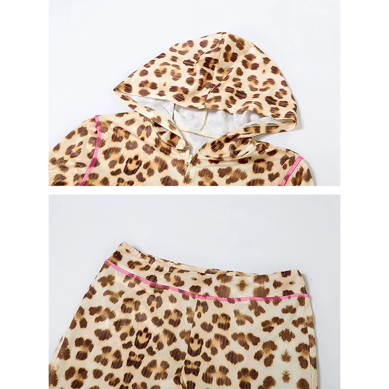 Gtpdpllt Women Clothing Two Piece Set Casual Y2k Cheetah Printed Hooded Cardigan Top And Flare Pants Matching Outfits 250226