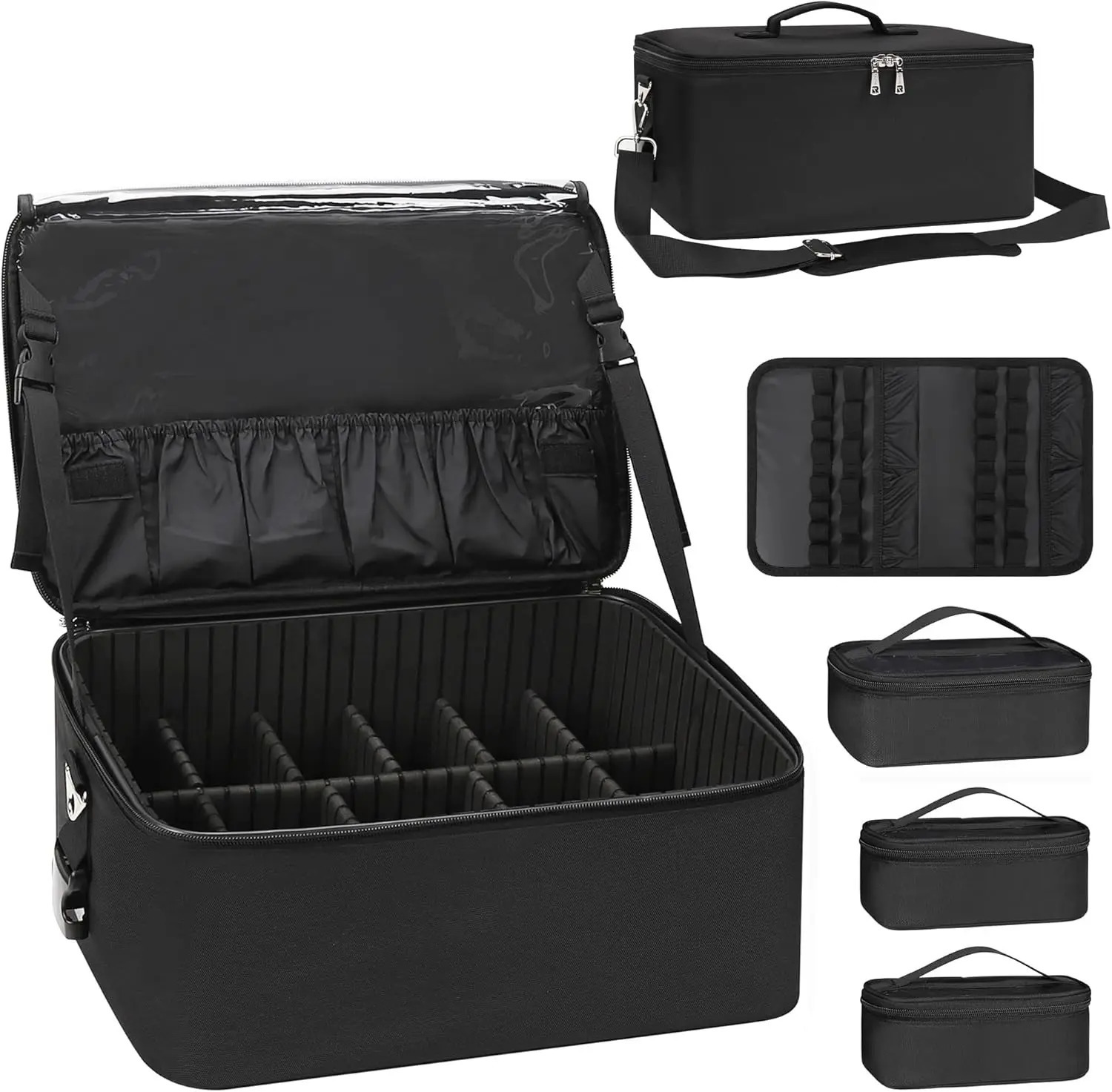 Ship from US Makeup bag large makeup box professional storage organizer brush holder with 3 sets of transparent bags and lipstick plate 250227FBB
