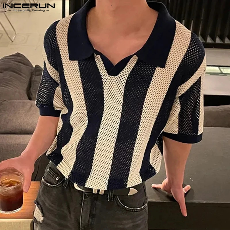 Summer Men Striped Shirt Lapel Short Sleeve Hollow Out See Through Casual Men Clothing Streetwear Fashion Shirts INCERUN 250224