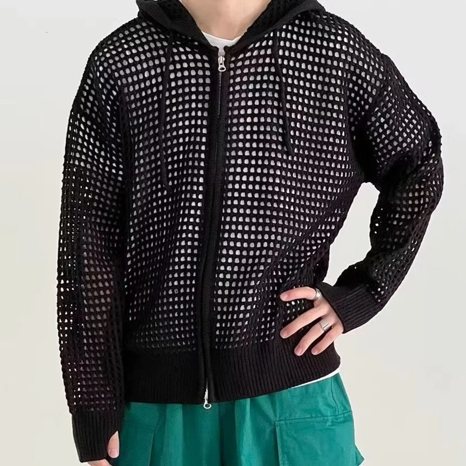 Mens Hollow Out Loose Jacket Hooded Hip Hop Cardigan Fashion Korean Streetwear Casual Zip Knitted Coat SpringSummer 250226