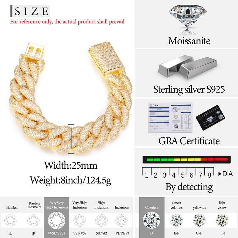 Fine VVS1 D Color Moissanite Cuban Chain Sier Bracelet For Men Hip Hop Jewelry Gift