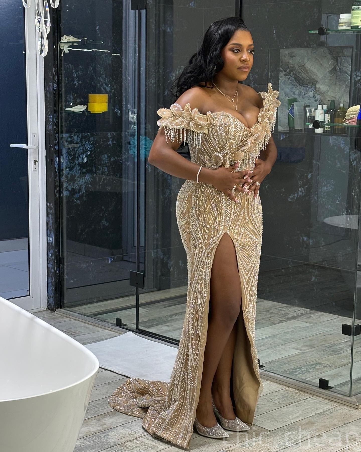 Champagne Mermaid Prom Dresses 2025 Florals Beaded Sequined Illusion Evening Formal Party Second Birthday Engagement Gowns Plus Size Dress For Special