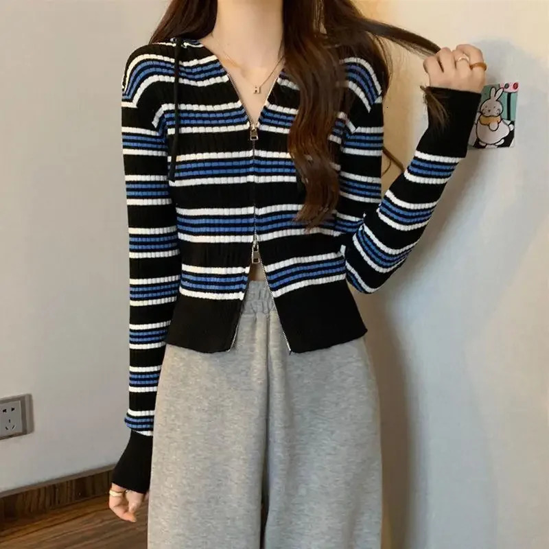 Petite Knitted Cardigan Womens Hooded Long Sleeve Cropped Striped Jacket Autumn 2024 Collection Double Zip Outerwear Sweater 250225