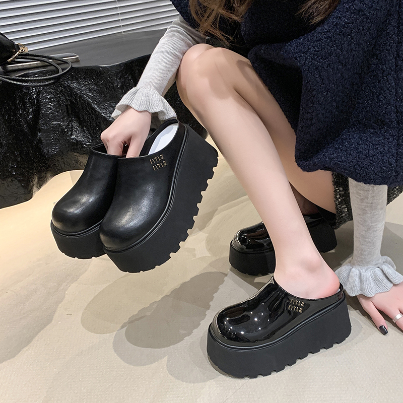 2025 Summer 8CM Half Tow Height Raising Women's Shoes Platform High Heels Leather Casual Women's Slippers Fashion Outdoor Sandals Casual Str