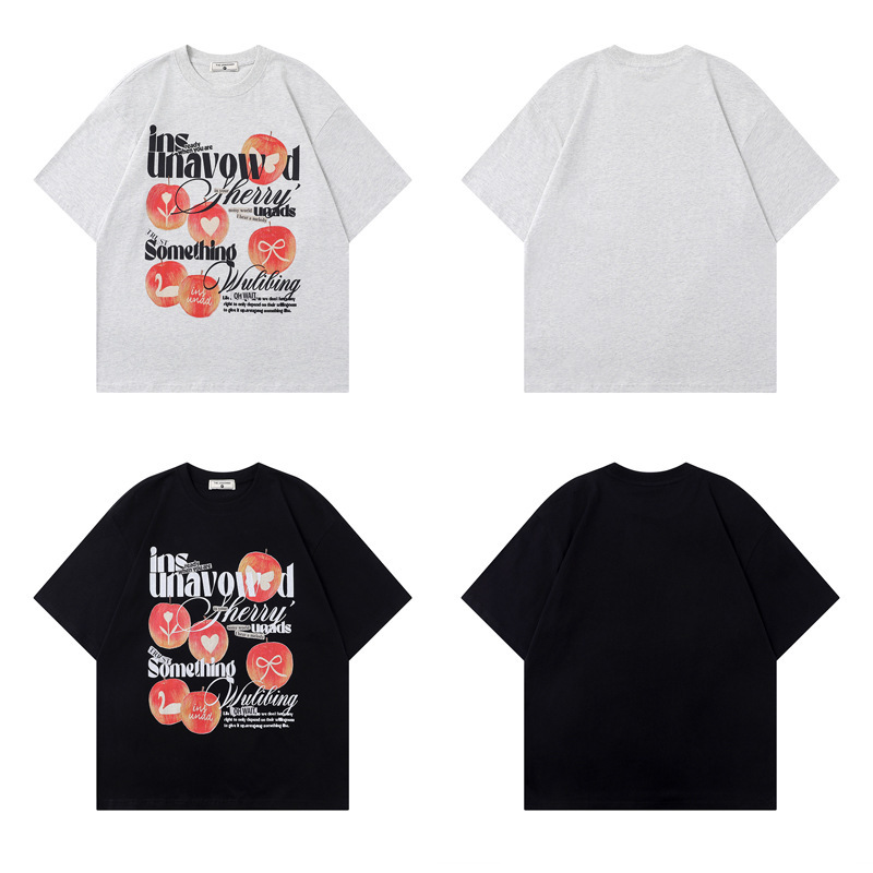 2025 New Fun Apple Printed Loose Round Neck Short Sleeve T-shirt Trendy Suitable For Men's Fashion Brand Casual Top