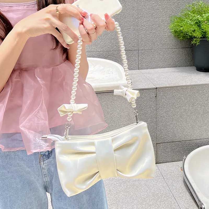 Girl Pearl Bow Handbags Underarm Bag for Woman Summer New Small Fresh Fairy Bag e-shoulder Hand-held Messenger BagXJ250227