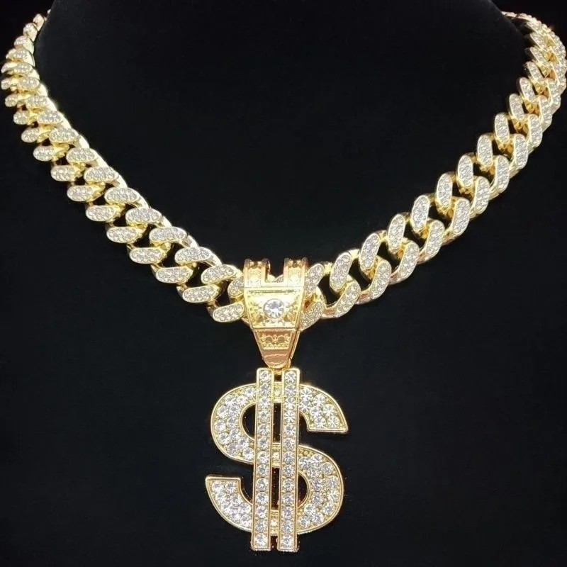Men Women Hip Hop Dollar Pendant Necklace with 13mm Cuban Chain Hiphop Iced out pendants Necklaces Fashion Punk Jewelry Gifts 250227