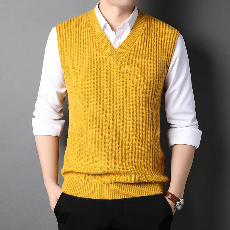 Mens Knit Tank Jumper Solid Yellow Black Casual Basic Sweater Pullover Sleeveless for Autumn Winter V Neck Fashion 00009 250225