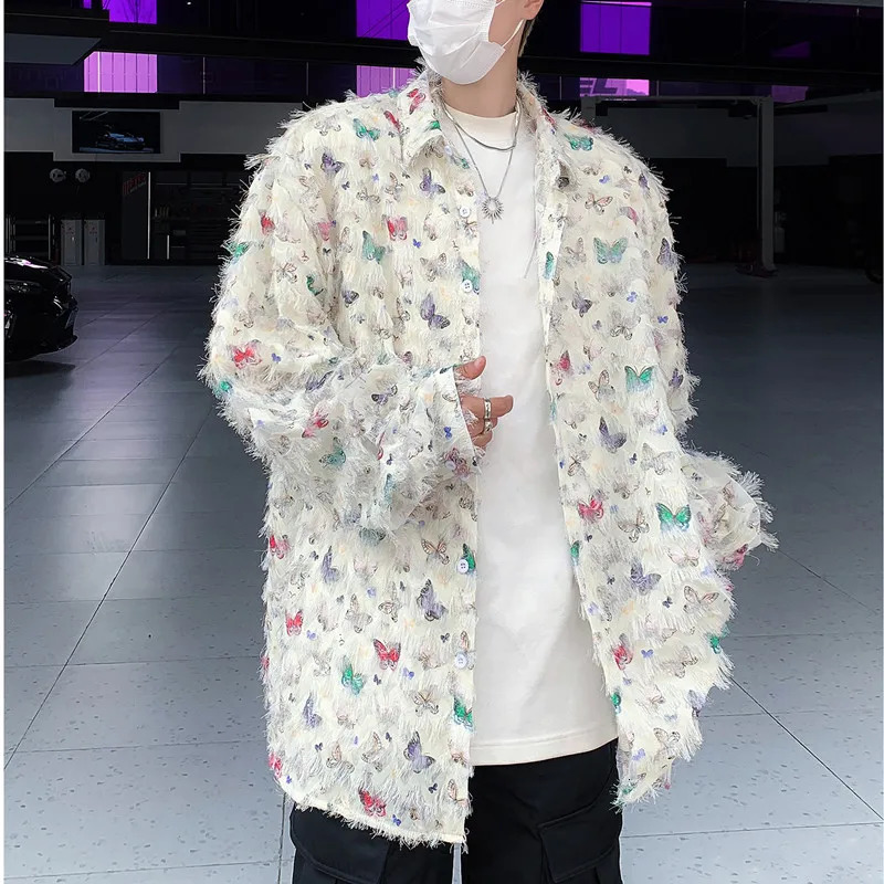 Summer Thin Shirt Three-dimensional Butterfly Decor Long Sleeve Shirt Tassel Casual Fashion Loose Male Sun-proof Clothing 250224