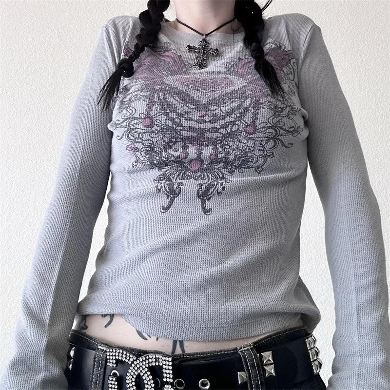 Y2K Grunge T Shirts Women Long Sleeve Skull Graphic Gothic Tee Top E Girl Vintage Fairy Punk Clothing Streetwear 250226
