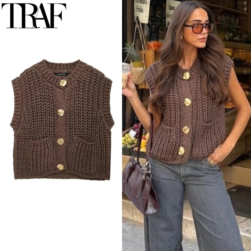 TRAF Womens Vest Outerwears Sleeveless Brown Sweater Knit Women Preppy Cropped Sweaters Autumn Winter Woman Knitwears 250226