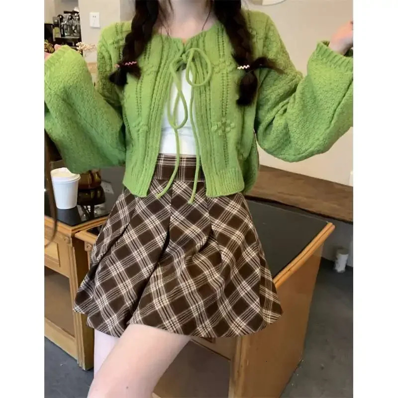 WoVanyi Realistic Pricing In Stock Green Tied Knitted Open cardigan Womens Cutting Autumn Lantern Sleeve Sweater 250225