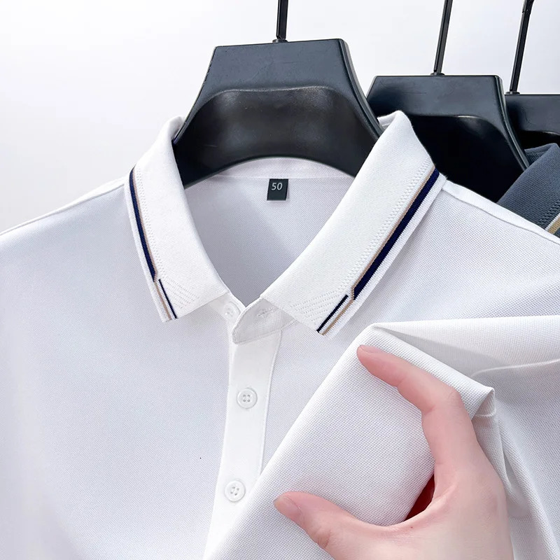 High end fashion striped mens short sleeve POLO shirt summer solid color silk ice feeling casual businessT-shirt 250225