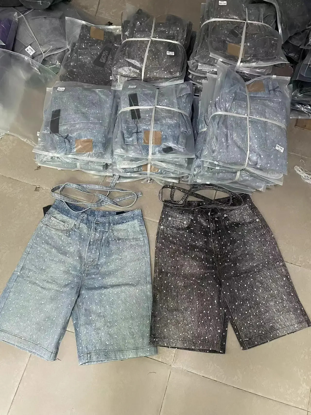 Tung Sung Full Diamond Printing Diamond Belt Wash Casual Loose Straight Jeans Hip Hop Y2k Men Jorts 250226