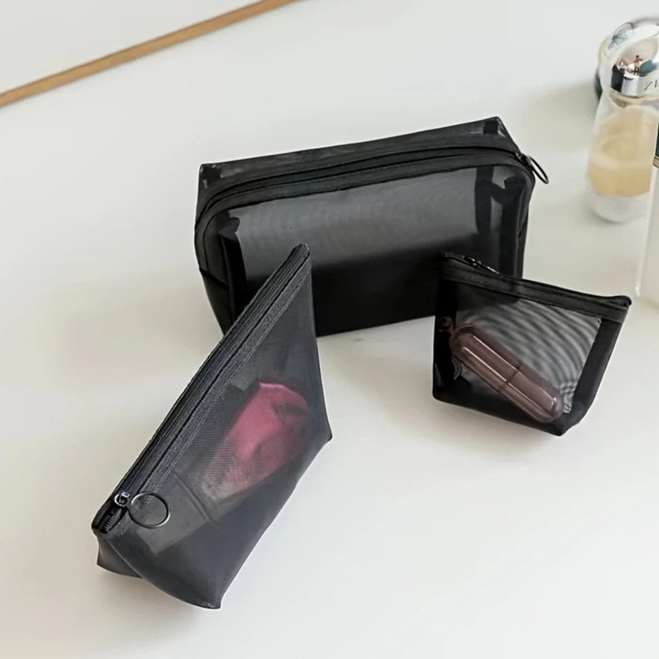 Ship from US 3 pieces highquality nylon mesh makeup bag set Spacious organizer with zipper suitable for both women and mens travel bags 250227FBB