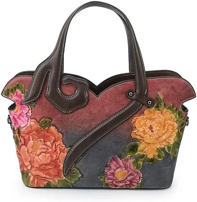 Ship from US Flower genuine leather womens handbag vintage denim shopping shoulder bag 250227FBB