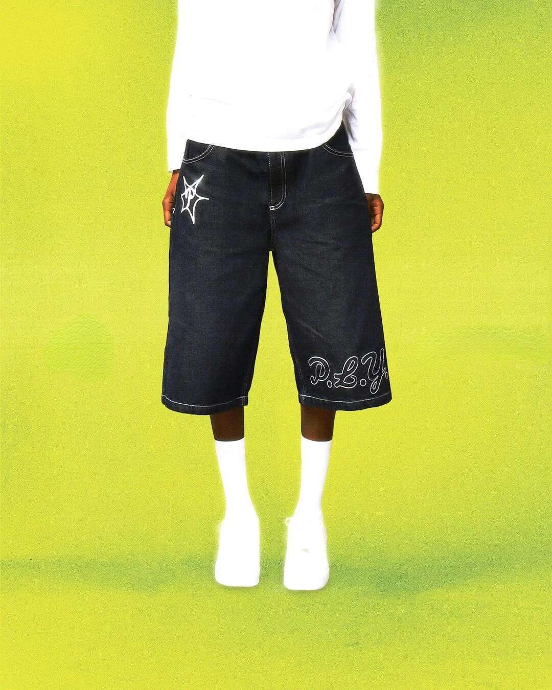 Y2k Hip Hop Vintage Loose Jorts Haruku Streetwear Summer Punk Rock Letter Embroidery Fashion Denim Shorts Men Clothing