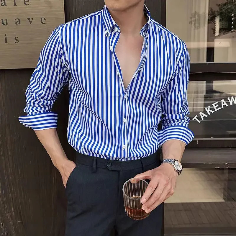 Elegant Mens Shirts Stripe Pattern Check Shirt High Quality Button Up Shirts a Fashion Long Sleeve Shirt Man Mens Clothing 250224