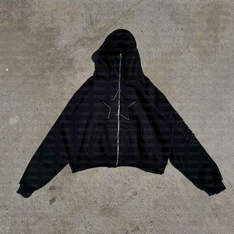 Daily personalized zipper, star patch fabric, casual cardigan, dark pocket top, hooded sweatshirt, autumn and winter hoodie