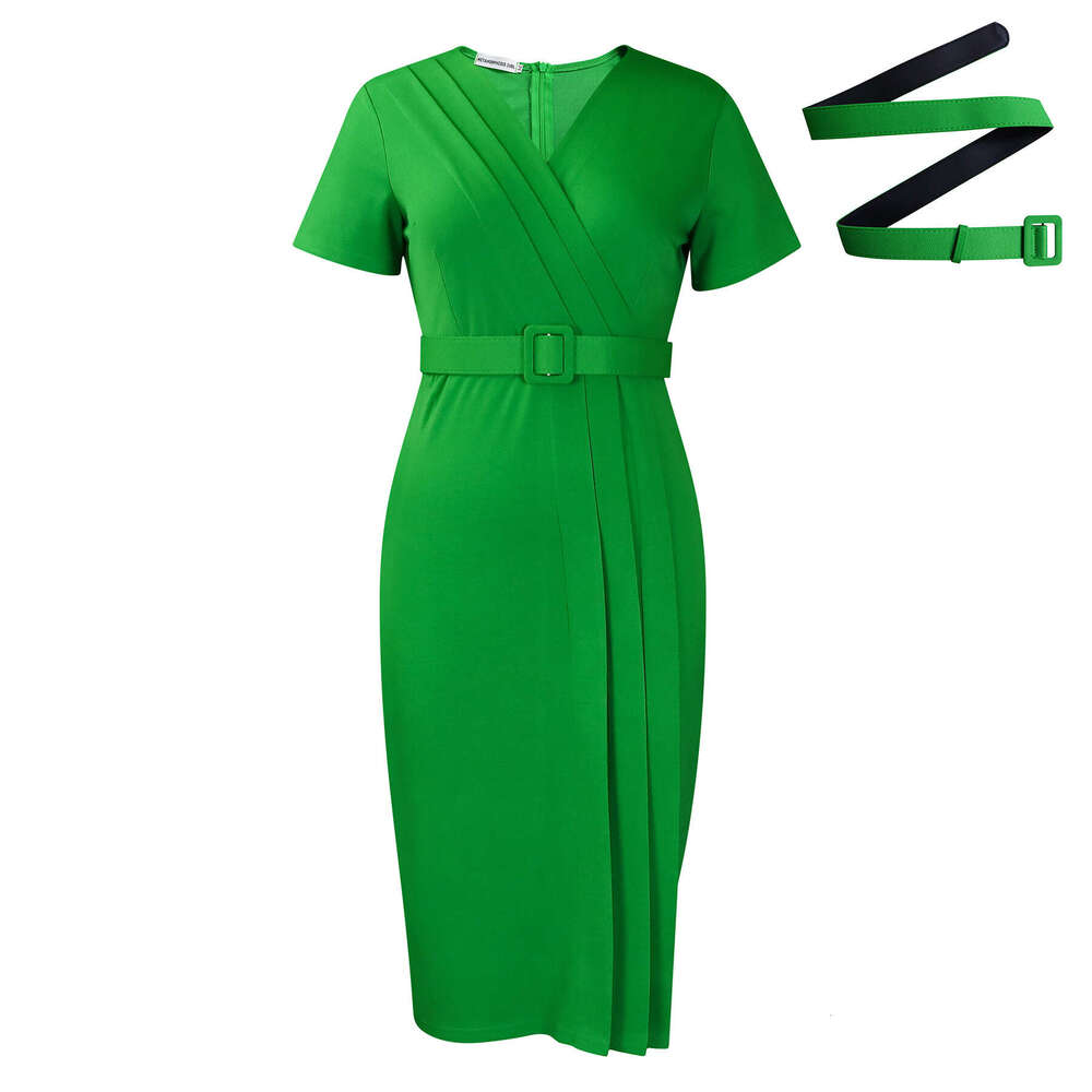 D504 women's summer short sleeved V-neck waist cinched solid color OL Tongle pencil skirt African dress 2025 new style chic and elegant clothing