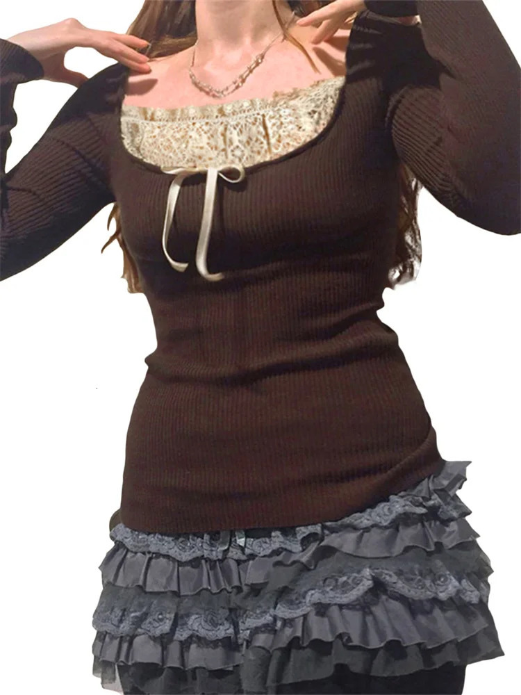 Y2k Womens Long Sleeve Knitted Tops Lace Stitching Neckline Knitwear Bowknot Decoration SlimFit Tshirt Pullovers Clubwear 250226