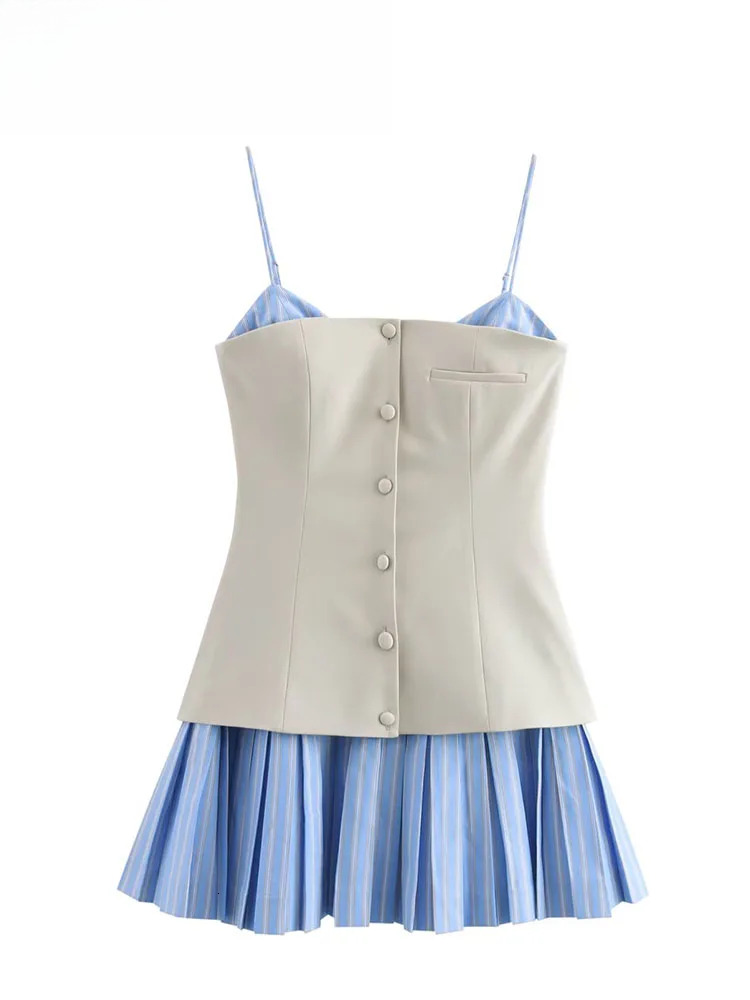 Woman Single-Breasted Pleated SEXY DRESSES FOR WOMEN Women Summer Stripe Splicing White Sexy Sleeveless Party Mini Dress