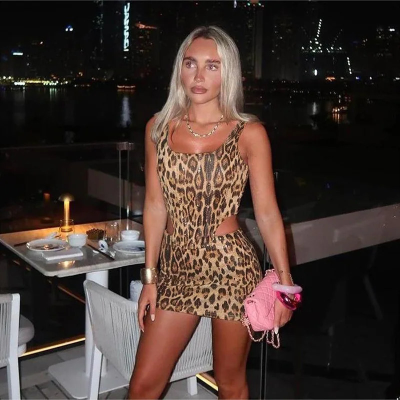 Leopard Print Sequins Two Piece Set Women Sexy U-neck Sleeveless Backless Irregular Tank Crop Tops Mini Skirts Party Clubwear 250227