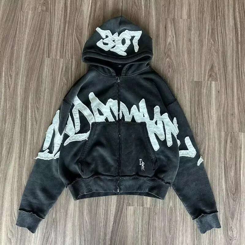 Y2K Fashion Trend Popular Love Embroidery Head Cloth Zipper Sweater Men Gothic Haruku Vintage Casual Joker Sports Hoodies Tops