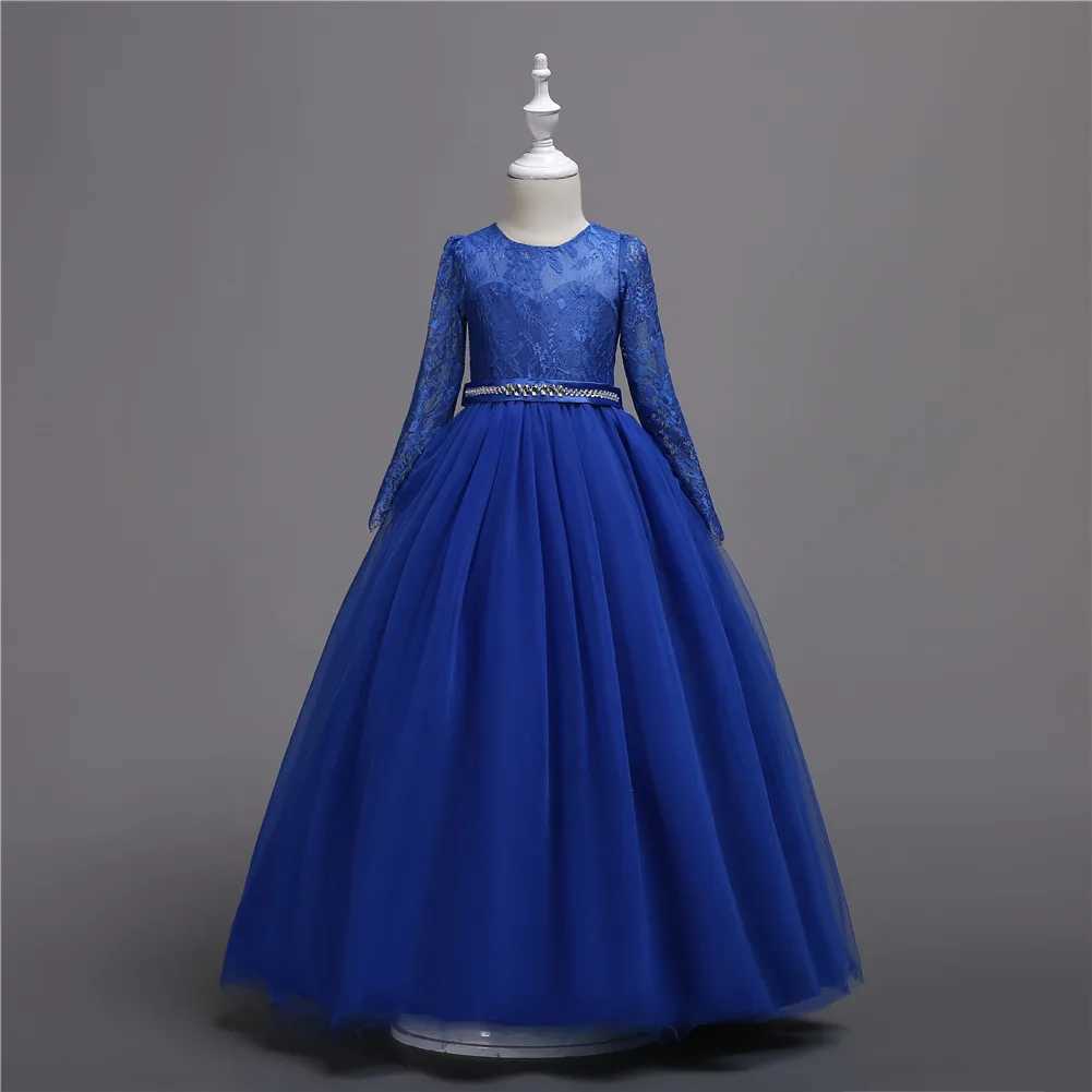 Girl's Dresses Blue European and American best-selling childrens bridesmaid dress lace long sleeved large skirt flower girl princess dress Y25022